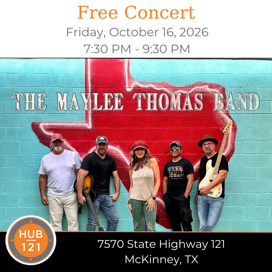 The Maylee Thomas band in front of a mural with a large red Texas