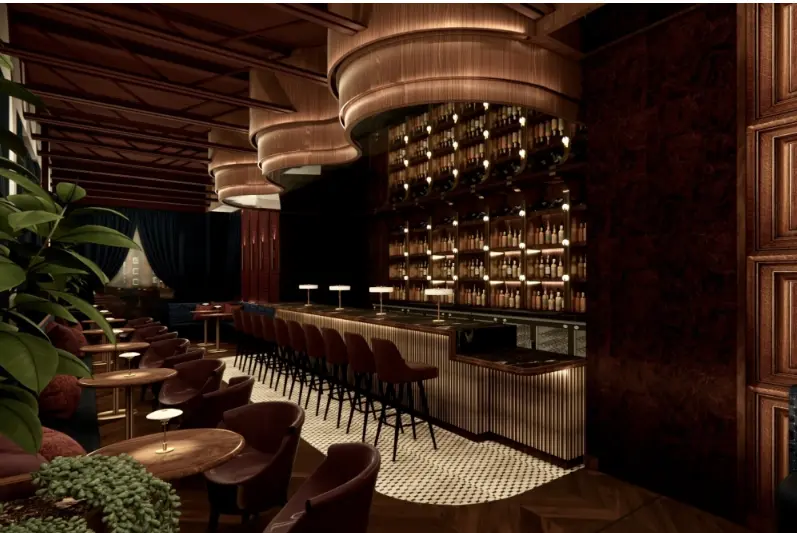 Upscale lounge interior with wooden architectural elements, illuminated bar with bottle display, seated dining area, and ambient lighting throughout