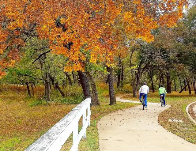 People riding bikes in a park with colorful fall leaves