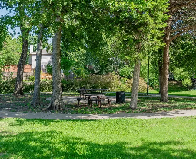 Picnic area with tables beneath tall shade trees in a grassy park, brick building visible in background