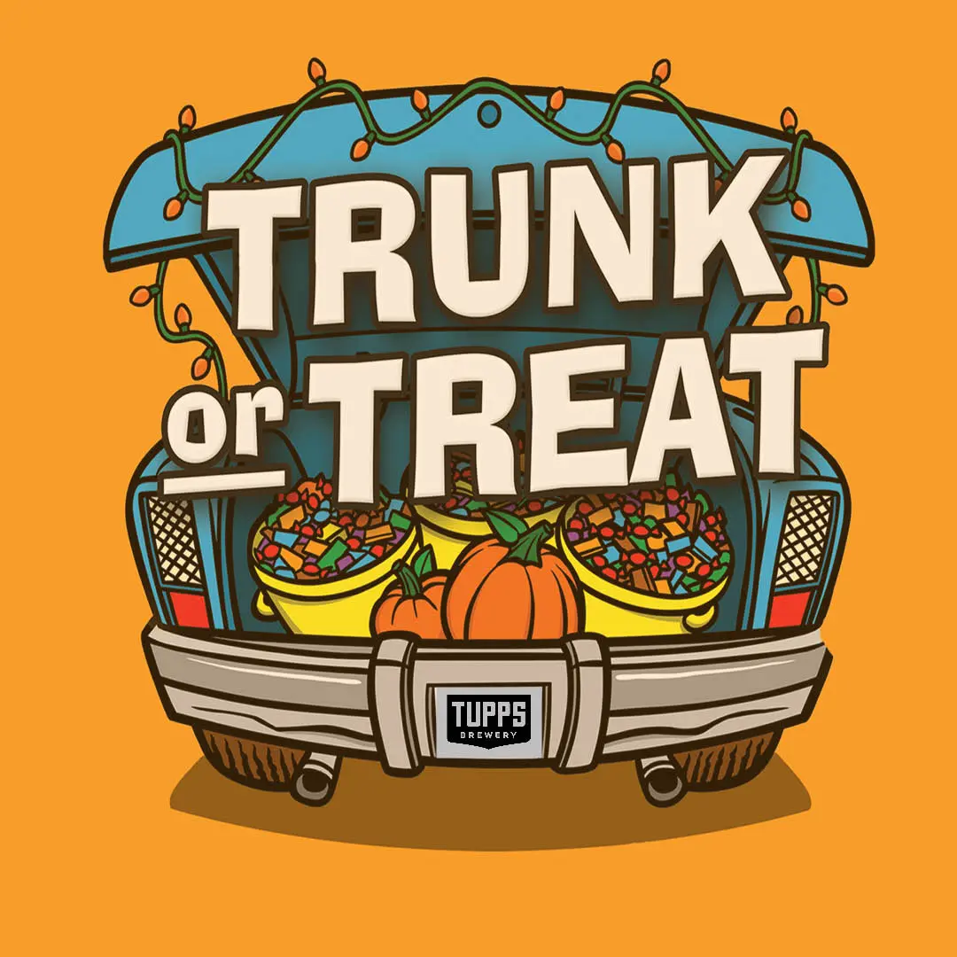 Orange background with a cartoon car on it filled with candy and pumpkins. White overlay text that says Trunk or Treat