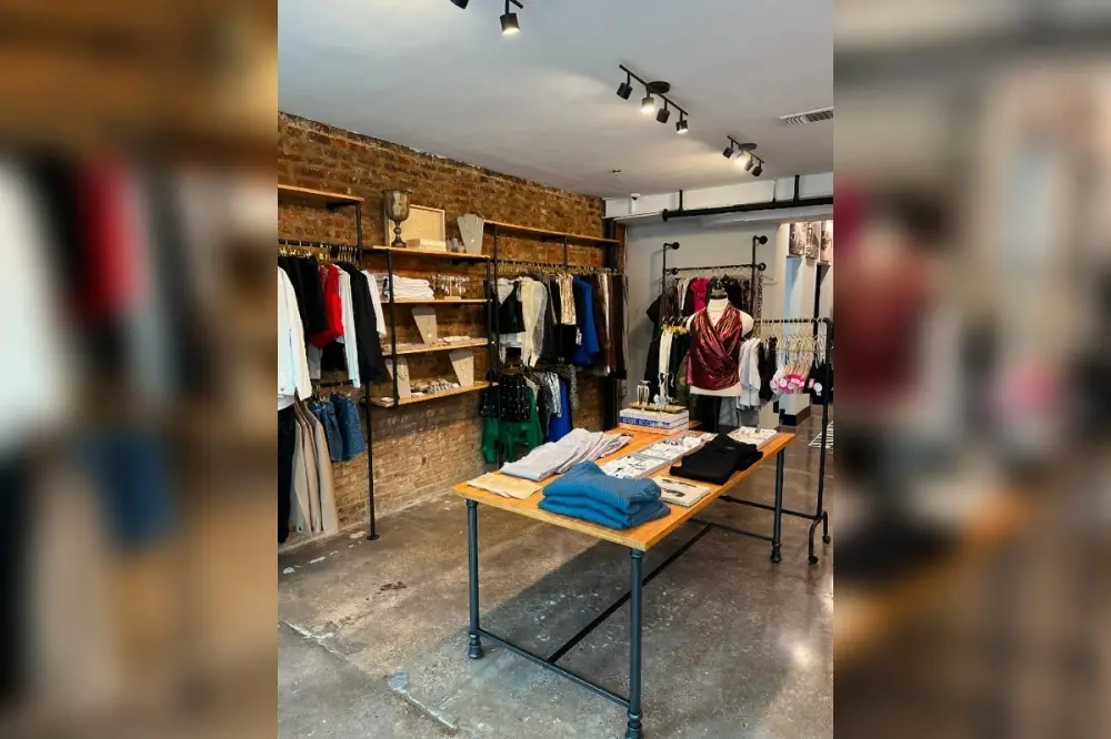 Retail boutique interior with wooden shelving displaying folded clothing, wooden display table with stacked items, clothing racks, and mannequin wearing
