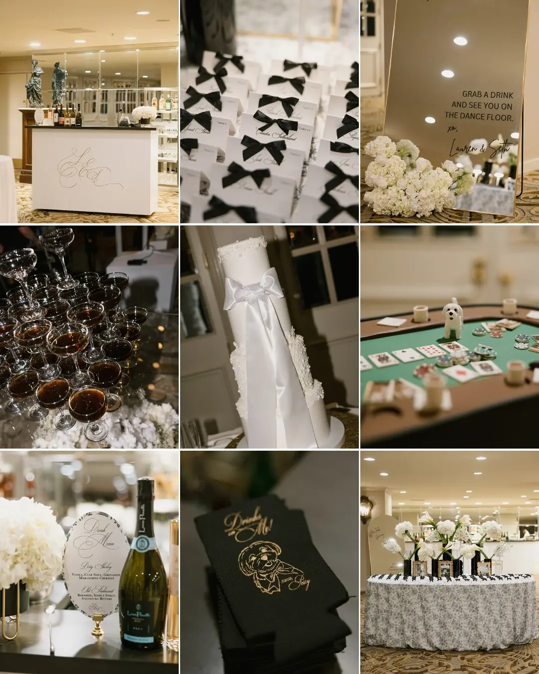 Collage of elegant event details including white bar setup, black and white bow ties, white flowers, champagne glasses, card table, white ribbon chair sash,