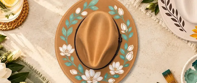 Suede cowboy hat painted with flowers and leaves