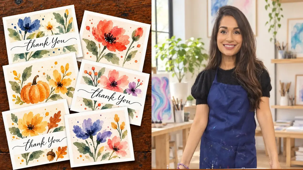Women standing with an apron on next to cards decorated with watercolor flowers.