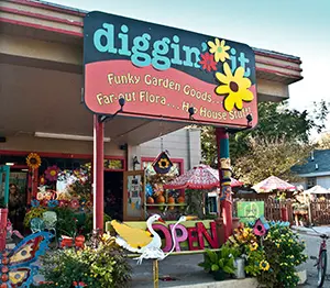 Storefront with colorful signage, potted plants, garden art, and yellow chairs displayed outside