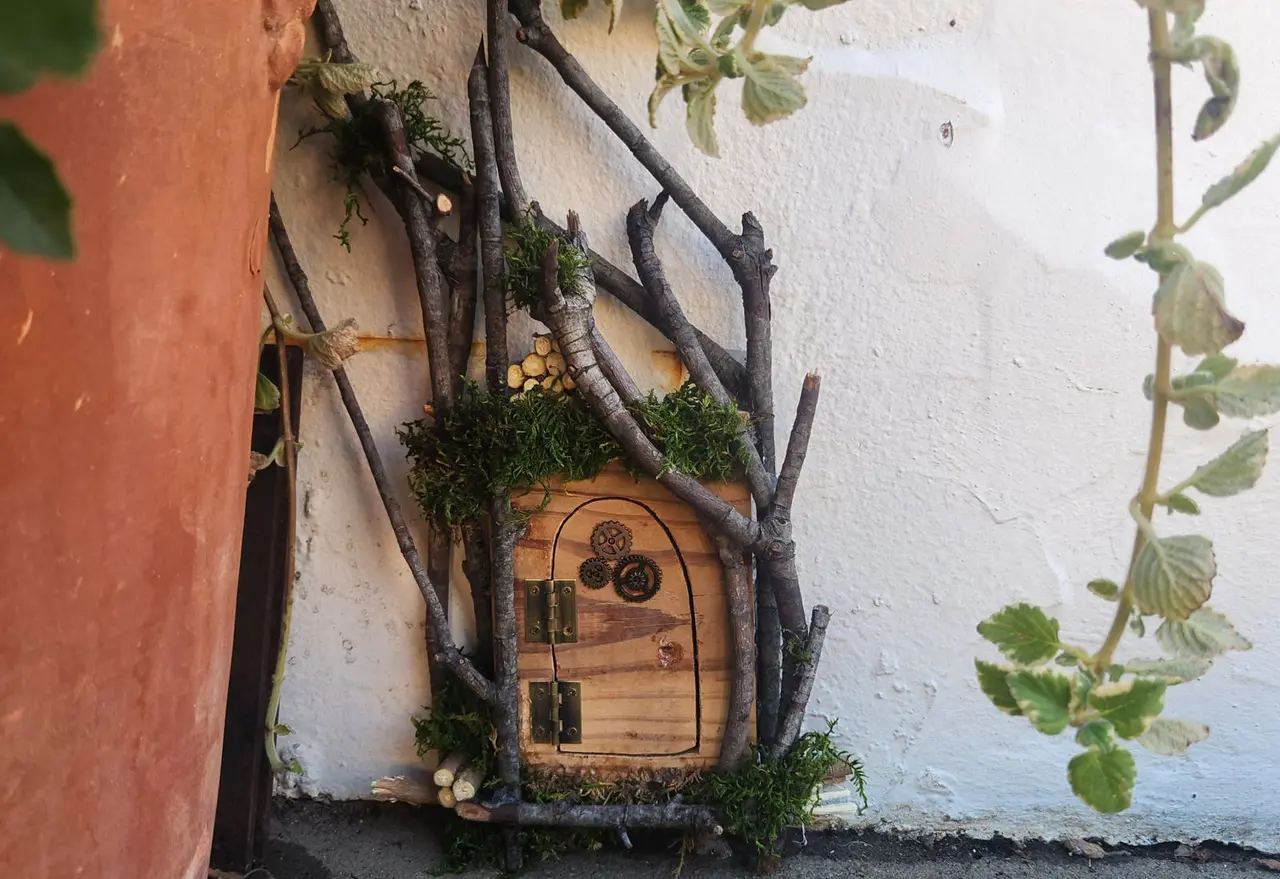 Birds & Words Tiny Door - wooden door with twigs and moss