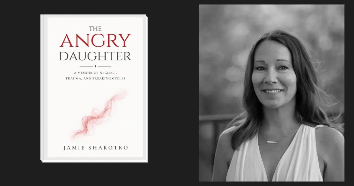 A photo of author Jamie Shakotko side by side with her book The Angry Daughter.