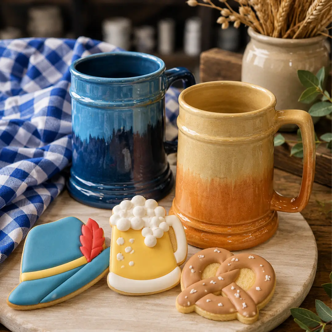 Two ceramic mugs with decorated cookies and a blue checkered napkin on a wooden surface, with dried wheat in background