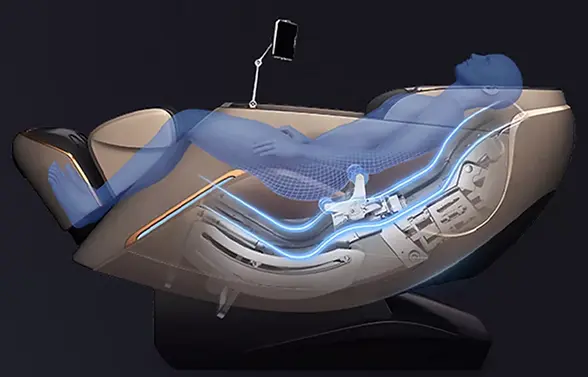Futuristic massage chair with blue cushioning and control panel, showing internal massage mechanism against dark background