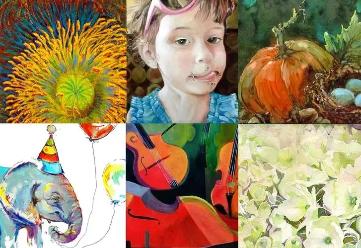 Collage of six images showing a close-up sunflower, child's face, pumpkin on vine, watercolor elephant with balloon, abstract colorful shapes, and white flowers