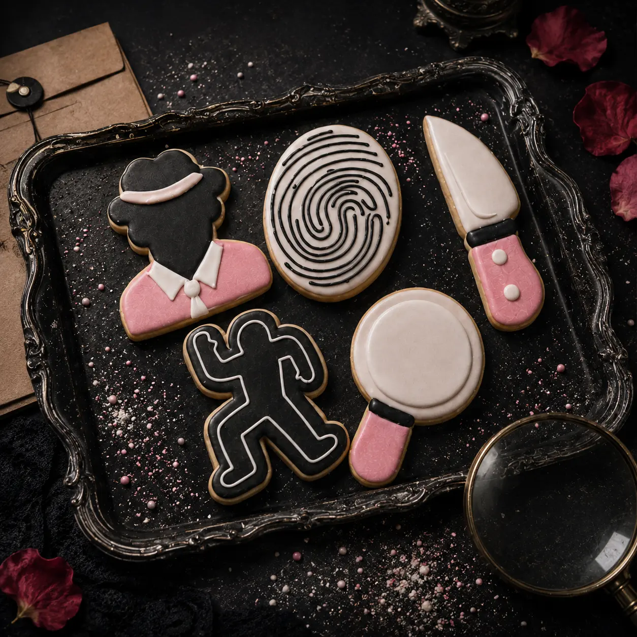 Decorated cookies with noir-themed designs including a figure with hat, swirl pattern, and running figure, arranged on a dark tray with pink flowers and
