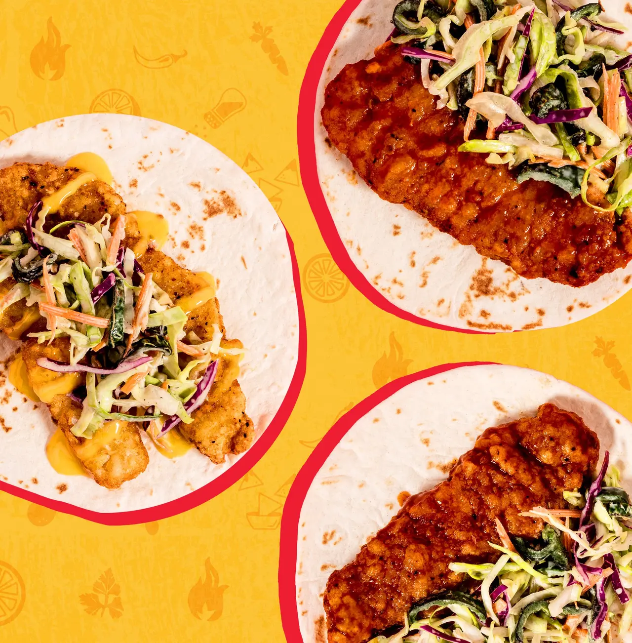 Three plates with crispy fried items topped with shredded cabbage slaw on bright yellow background