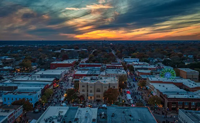 Downtown McKinney at dusk with a sunset