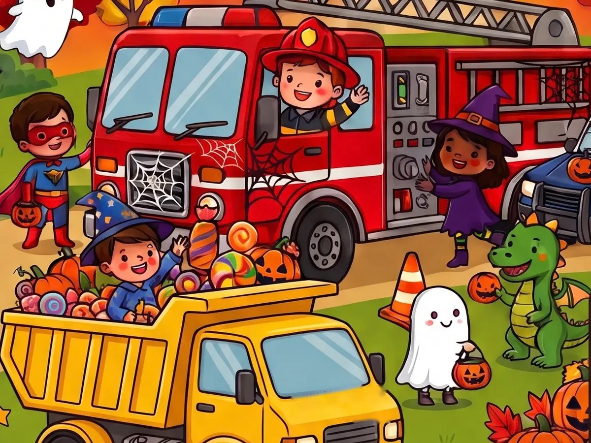 Graphic of trick or treaters dressed up in Halloween costumes