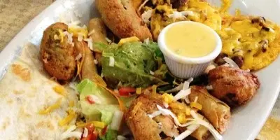 Fried appetizers with melted cheese, fresh cilantro, and a small bowl of creamy dipping sauce on a white plate