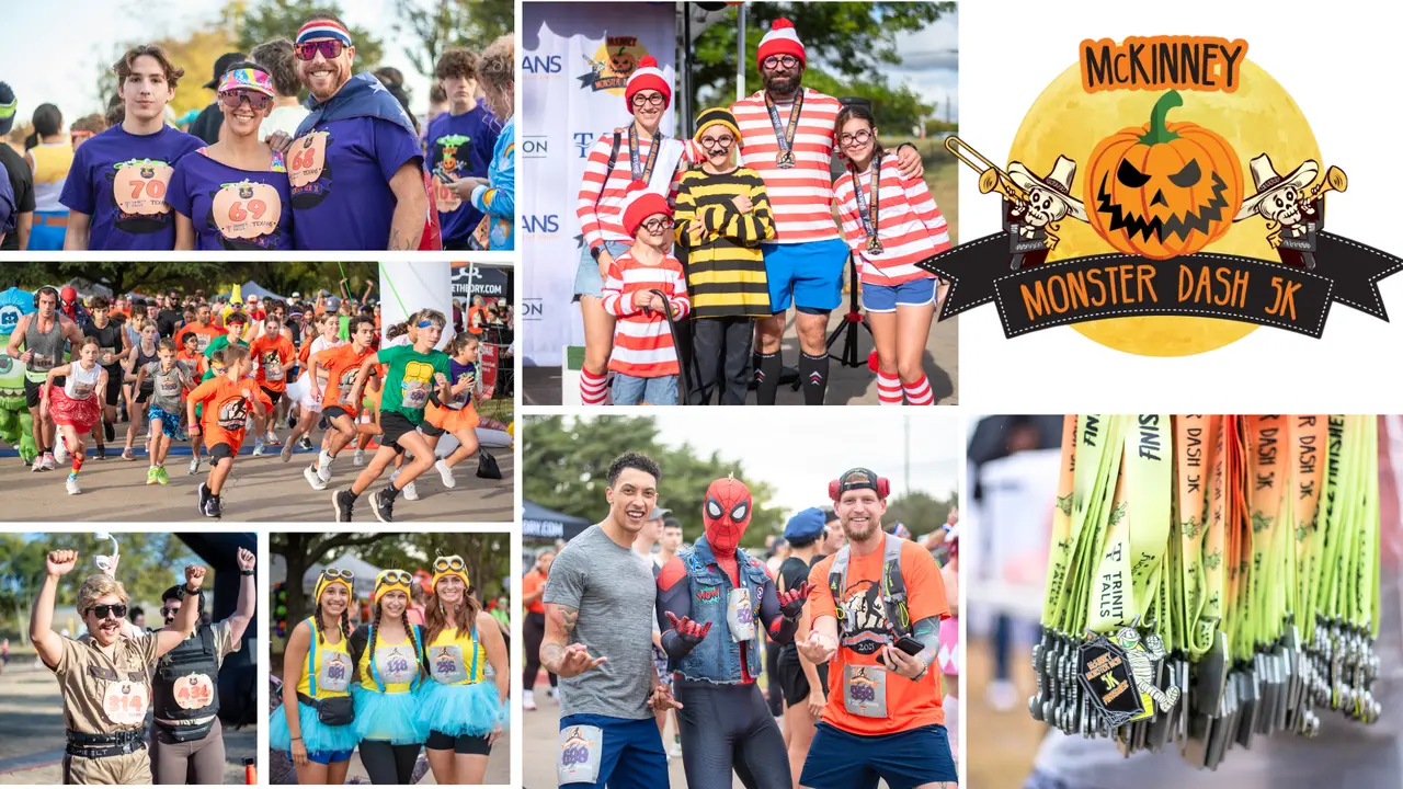 Collage of race participants in Halloween costumes running, walking, and posing at a community 5K event in a park