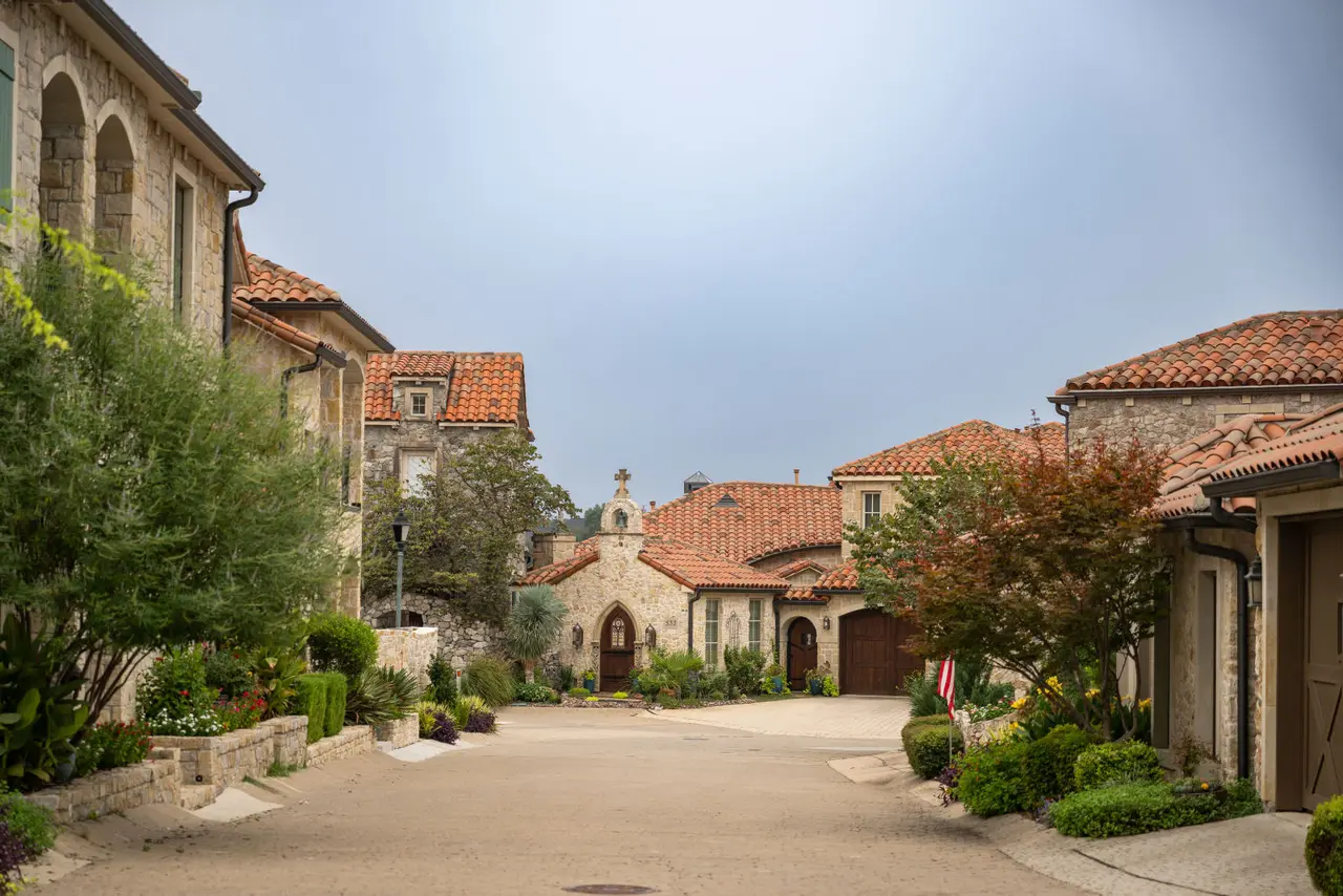 Croatian Village in McKinney with cobblestone lined streets and houses