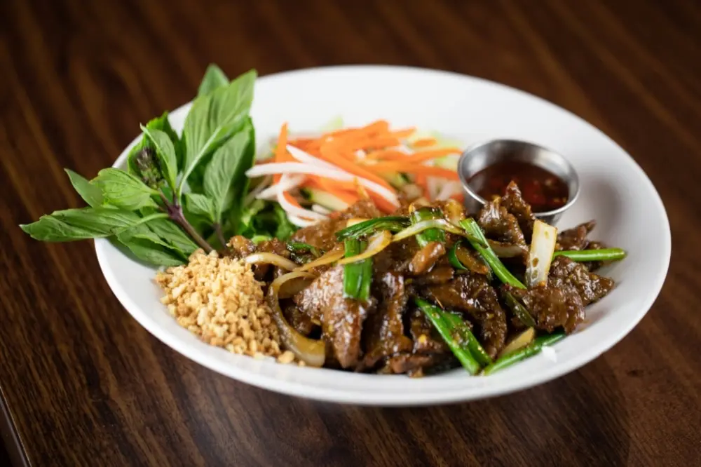 Grilled beef slices with scallions, served with rice, shredded carrots, fresh mint, and dipping sauce on white plate
