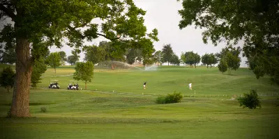 Open fairway with large trees, golf carts, and players on manicured grass under cloudy sky