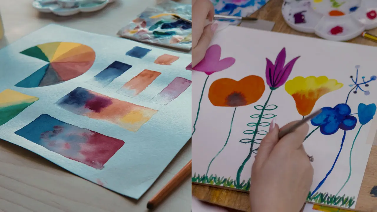 Child's hand painting colorful flowers on paper next to watercolor palette swatches and completed artwork samples