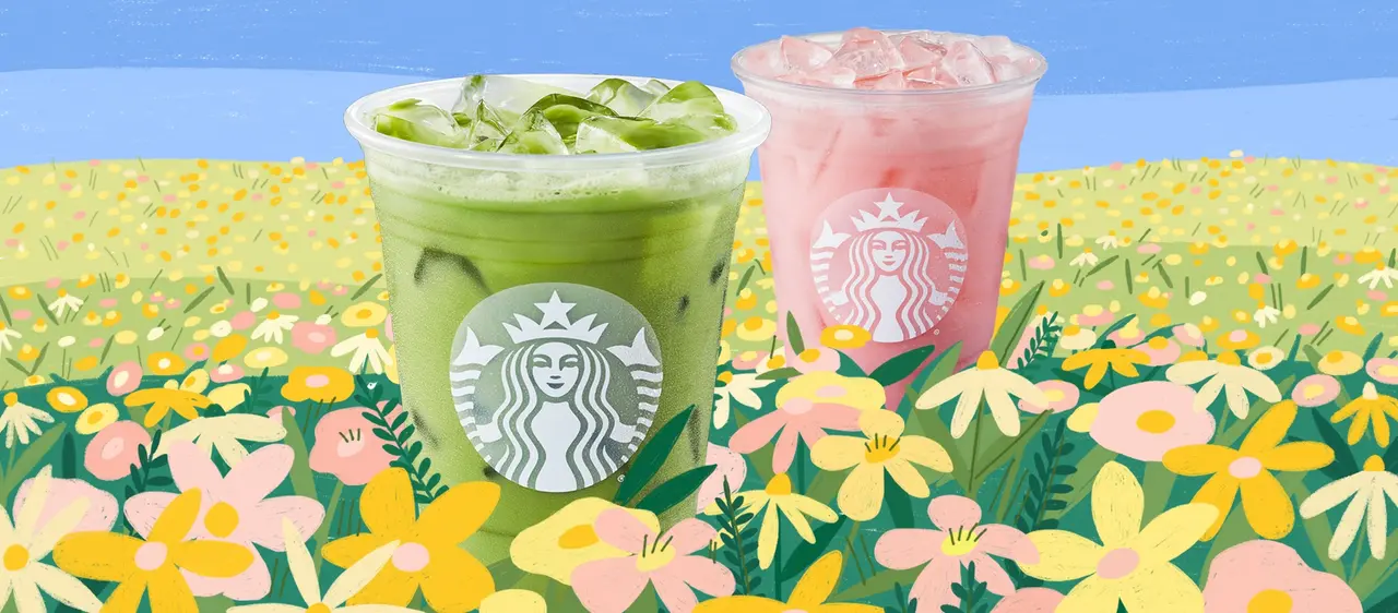 Green and pink iced drinks with Starbucks logos displayed against illustrated field of yellow and pink flowers