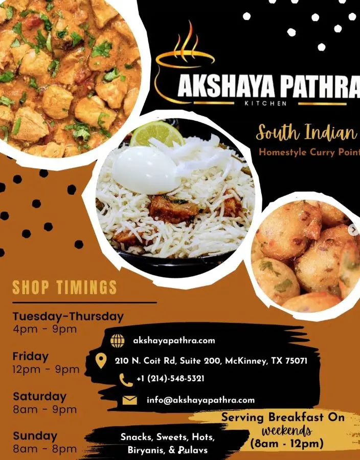 South Indian curry dishes including spiced chickpea curry, biryani with rice, and fried snacks, restaurant promotional flyer