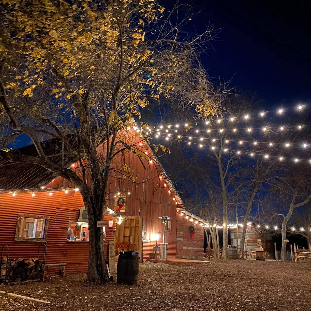 Rustic wooden barn and buildings illuminated by string lights at night, bare trees in courtyard area