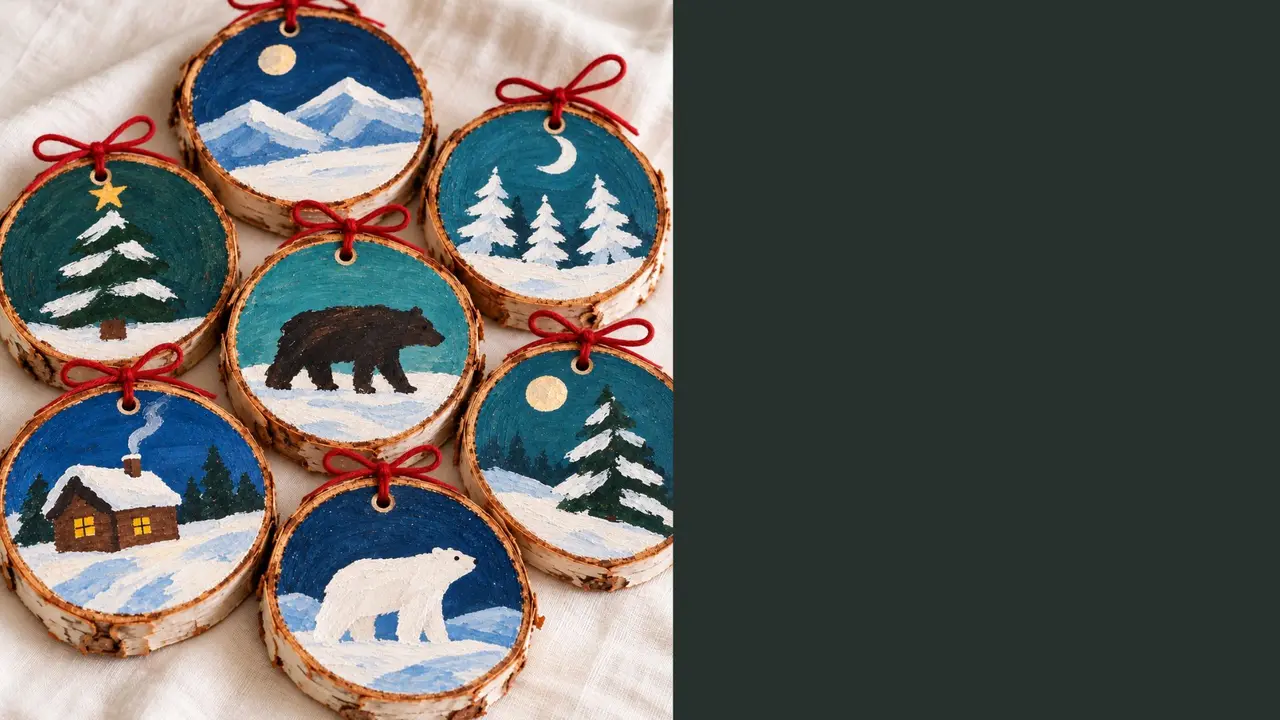 An assortment of holiday ornaments with bears or trees in a winter landscape.