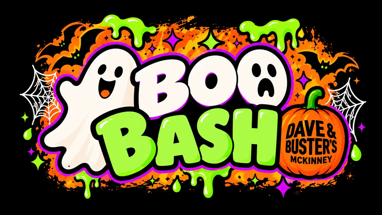 A vibrant Halloween-themed graphic featuring two playful white ghosts with expressive faces, bold white and neon-green lettering reading “Boo Bash,” and an orange pumpkin labeled “Dave & Buster’s McKinney.” The design includes flying bats, white spiderwebs, dripping green slime, purple stars, and or