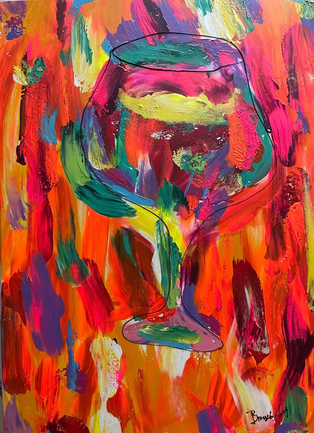 Abstract painted wine glass with multicolored brushstrokes in vibrant reds, oranges, yellows, greens, and pinks