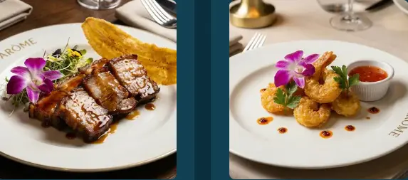 Sliced duck with crispy potato and microgreens on left plate; shrimp fritters with purple orchid flowers and sauce on right plate