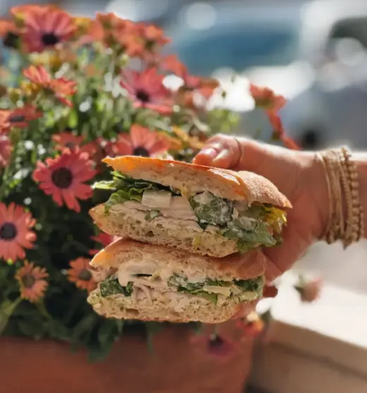 Caesar chicken sandwich held in front of a pot of flowers