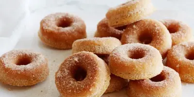 Sugar-coated ring donuts arranged on a white surface