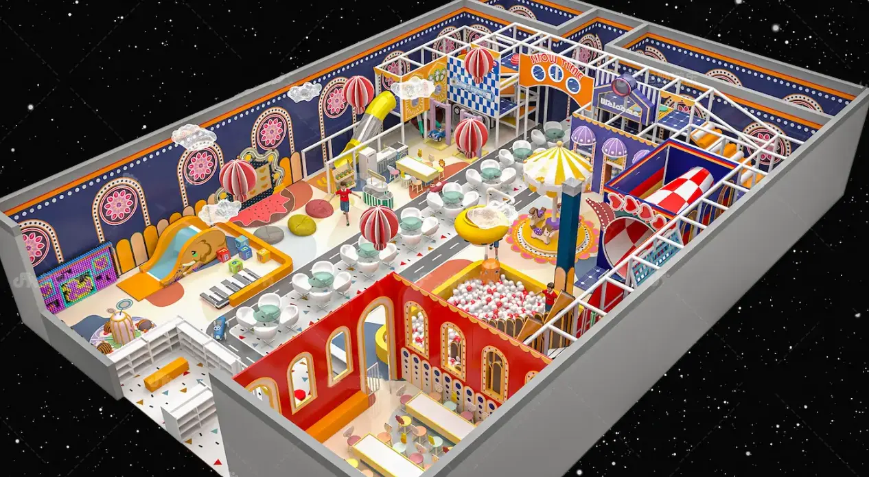 Overhead view of colorful indoor play facility with ball pits, climbing structures, slides, and carnival-themed decorations throughout multiple interconnected