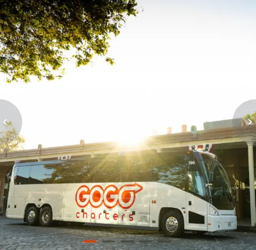 White charter bus with red GOGO Charters lettering parked under a covered structure with tree branches overhead