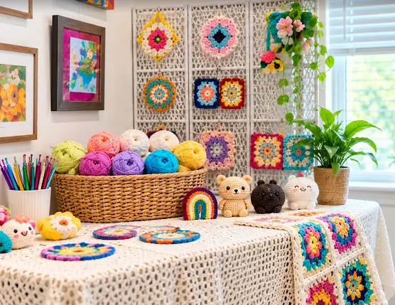 Crochet items on a table in a shop