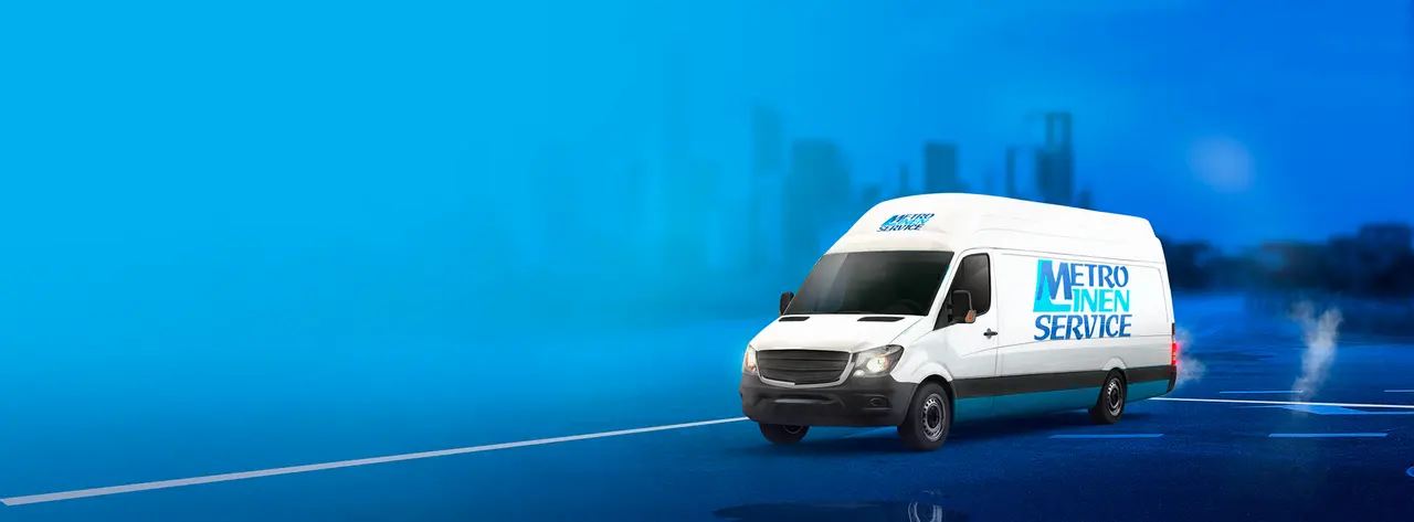 White delivery van on blue background with city skyline silhouette
