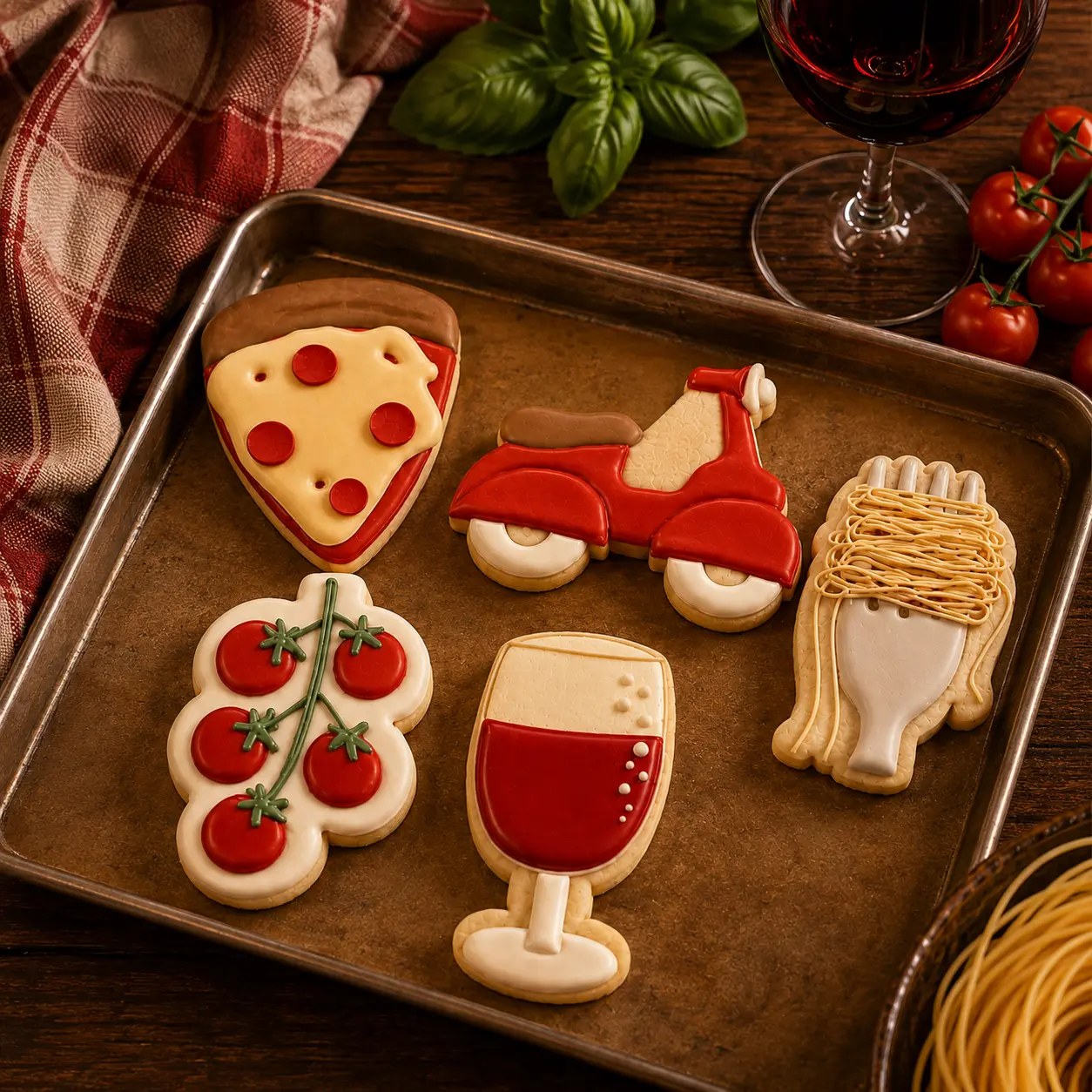 Decorated cookies on a baking sheet shaped like pizza, tomatoes, a Vespa scooter, a wine glass, and pasta, arranged on a wooden table with wine and fresh basil