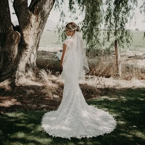 Bride in lace wedding gown with long train standing beneath large tree with trailing willow branches