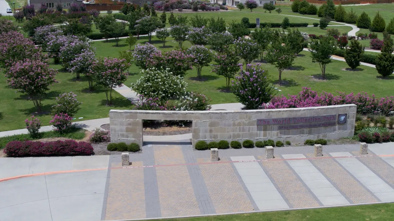 Aerial view of a modern curved pavilion with striped paving surrounded by blooming crape myrtle trees in a manicured park landscape