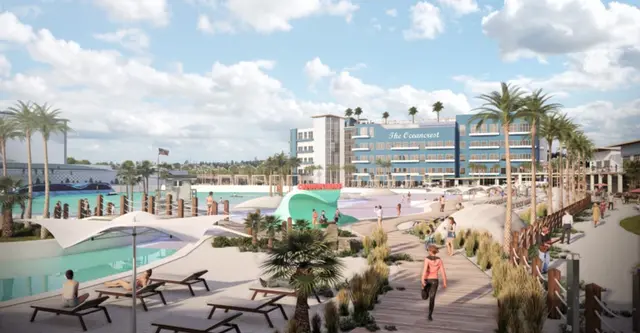 Rendering of the resort-style hotel at Cannon Beach overlooking the lagoon and beach