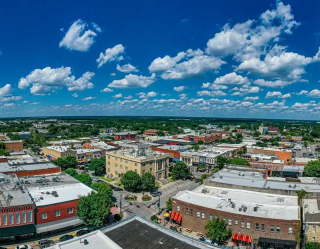 Wide drone view over downtown McKinney