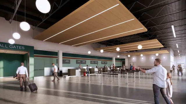 The DTX check-in hall with short queues and wood-panel ceilings