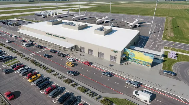 Aerial view of the McKinney National Airport terminal with the parking lot right at the door
