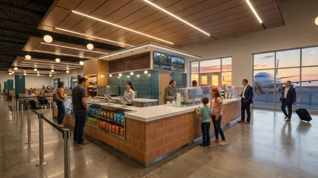 Concessions counter inside the DTX terminal with a plane visible through the windows