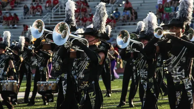 The Blue Devils drum corps performing at McKinney ISD Stadium